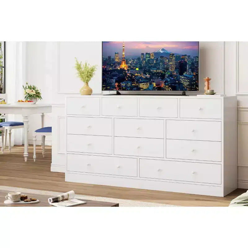 Kommode mit 12 Schubladen für Schlafzimmer, 61'' Moderne Kommode TV-Ständer mit Ladestation, Große Holzkommode für Kinderzimmer, Kleiderschrank, Wohnzimmer