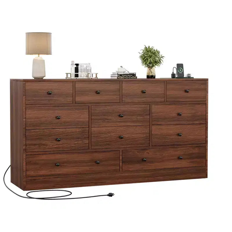 Komoda z 12 szufladami do sypialni, nowoczesna komoda 61'' z miejscem na telewizor i stacją ładującą, duża drewniana komoda do pokoju dziecięcego, garderoby, salonu