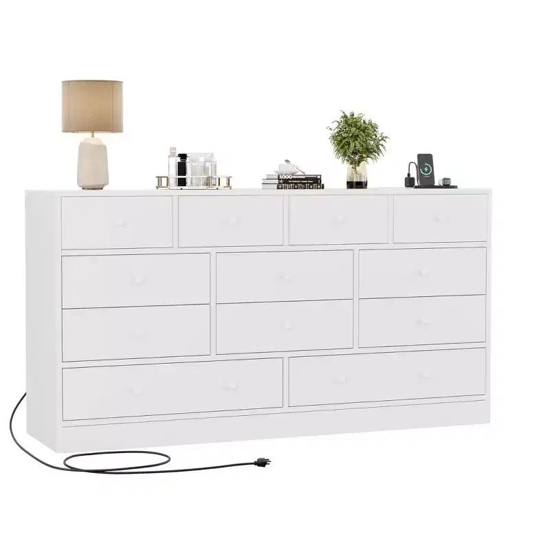 Komoda z 12 szufladami do sypialni, nowoczesna komoda 61'' z miejscem na telewizor i stacją ładującą, duża drewniana komoda do pokoju dziecięcego, garderoby, salonu