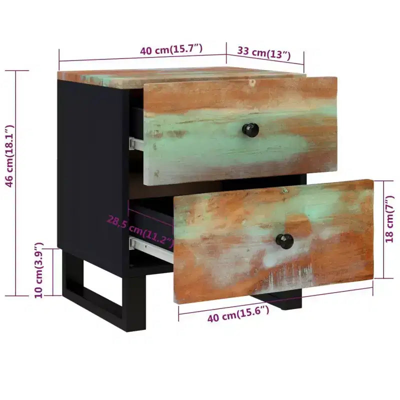Comodino Multicolore in Legno Riciclato Massiccio, Ferro, Medio
