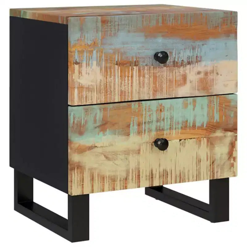 Comodino Multicolore in Legno Riciclato Massiccio, Ferro, Medio