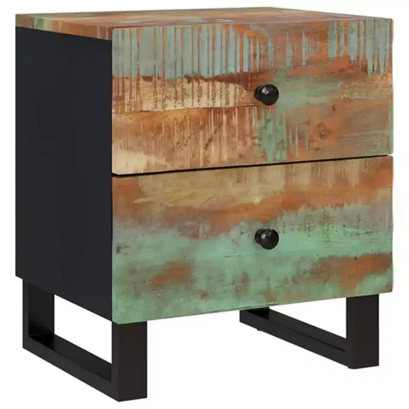 Comodino Multicolore in Legno Riciclato Massiccio, Ferro, Medio