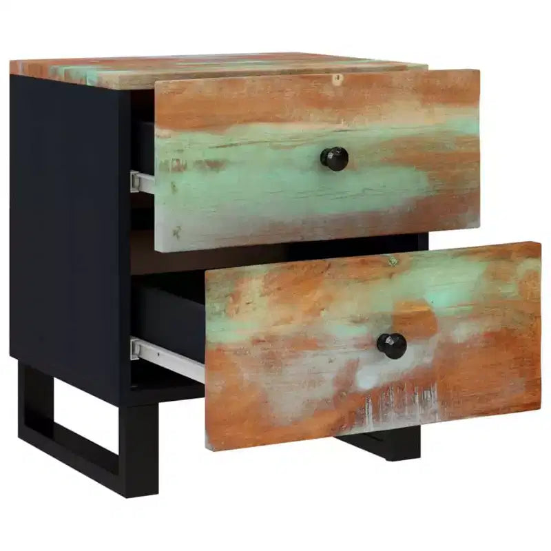 Comodino Multicolore in Legno Riciclato Massiccio, Ferro, Medio