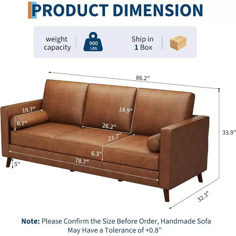 86 Inch Mid Century Modern Leather Sofa 3 Seater Deep Seat Couch for Living Room