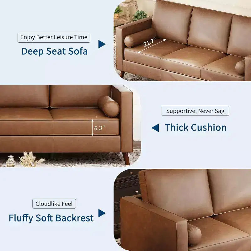 86 Inch Mid Century Modern Leather Sofa 3 Seater Deep Seat Couch for Living Room