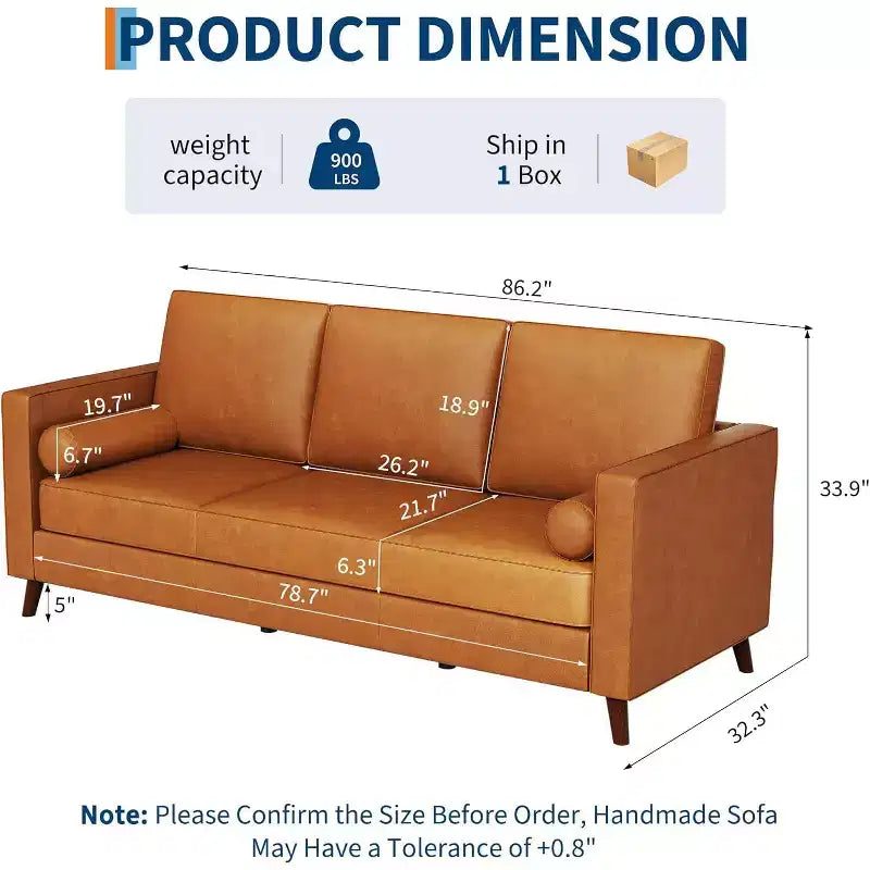 86 Inch Mid Century Modern Leather Sofa 3 Seater Deep Seat Couch for Living Room
