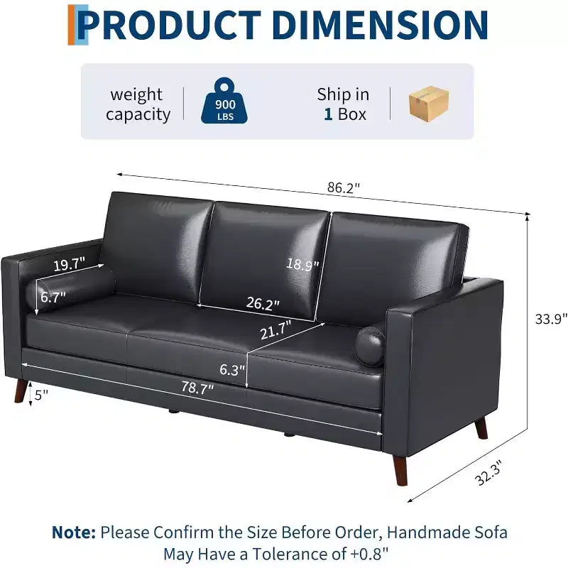86 Inch Mid Century Modern Leather Sofa 3 Seater Deep Seat Couch for Living Room