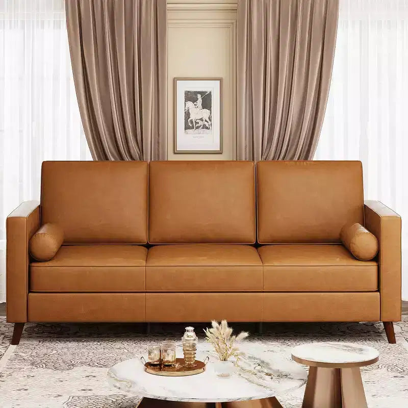 86 Inch Mid Century Modern Leather Sofa 3 Seater Deep Seat Couch for Living Room