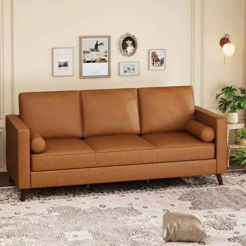 86 Inch Mid Century Modern Leather Sofa 3 Seater Deep Seat Couch for Living Room