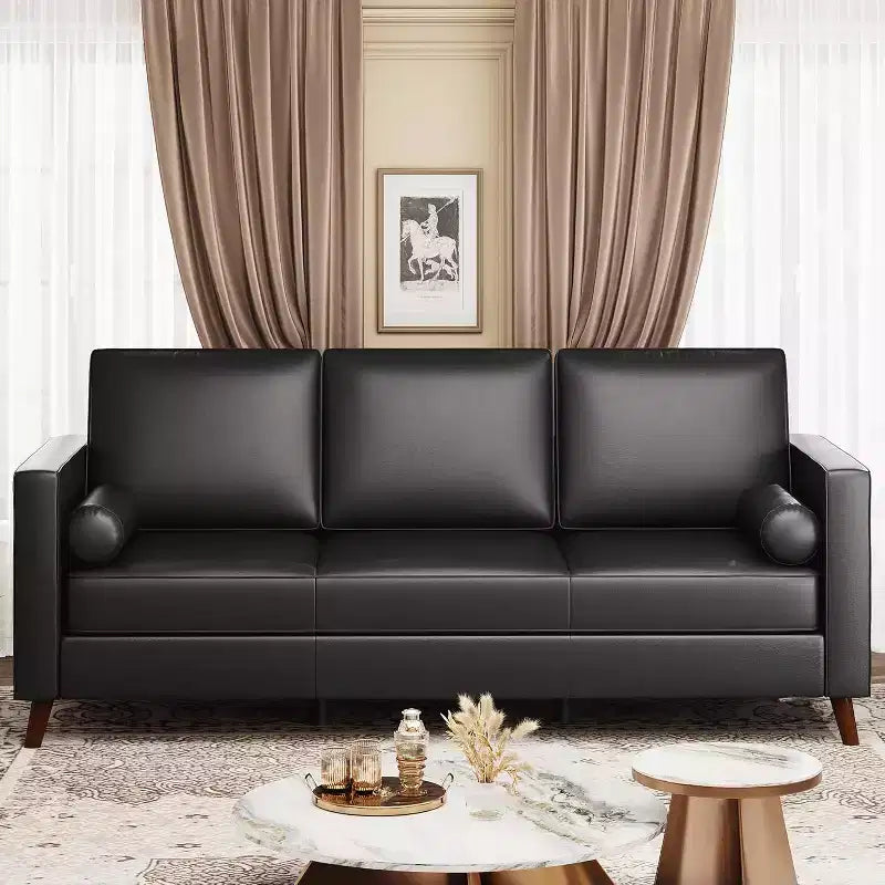 86 Inch Mid Century Modern Leather Sofa 3 Seater Deep Seat Couch for Living Room