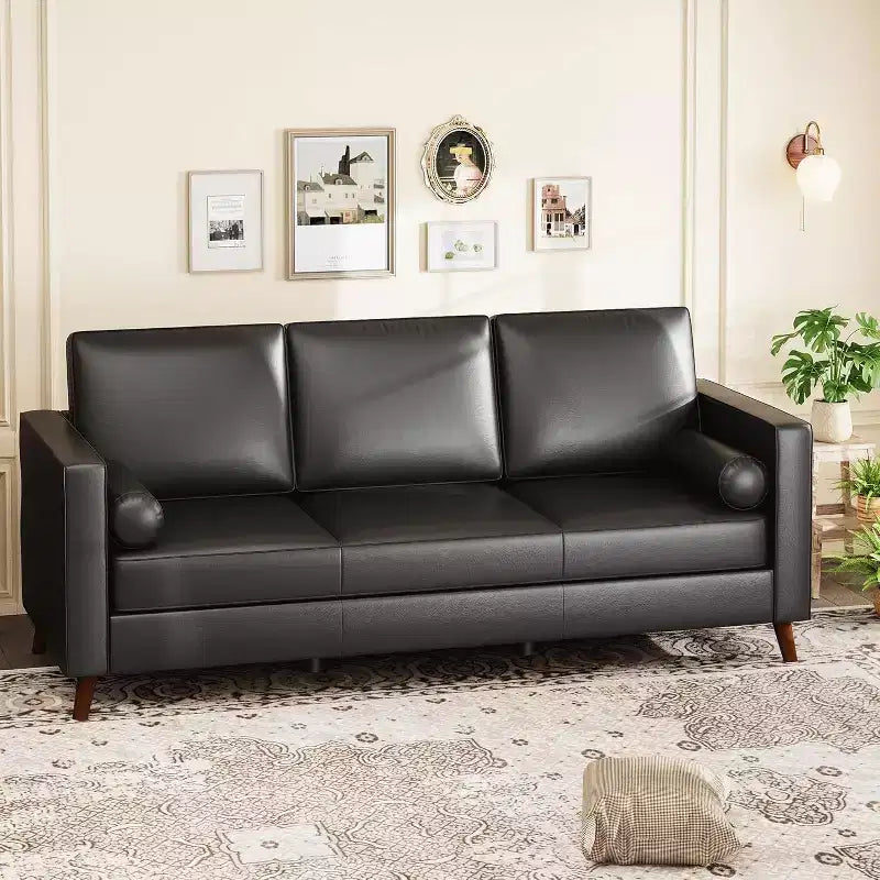 86 Inch Mid Century Modern Leather Sofa 3 Seater Deep Seat Couch for Living Room