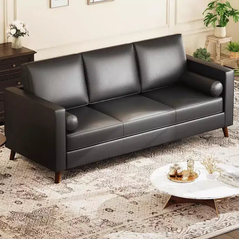 86 Inch Mid Century Modern Leather Sofa 3 Seater Deep Seat Couch for Living Room