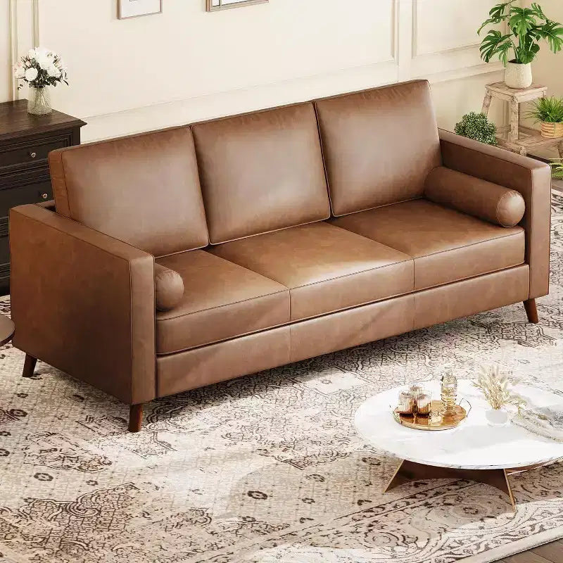 Divano in Pelle Stile Mid Century Modern da 86 Pollici, 3 Posti con Seduta Profonda per Soggiorno
