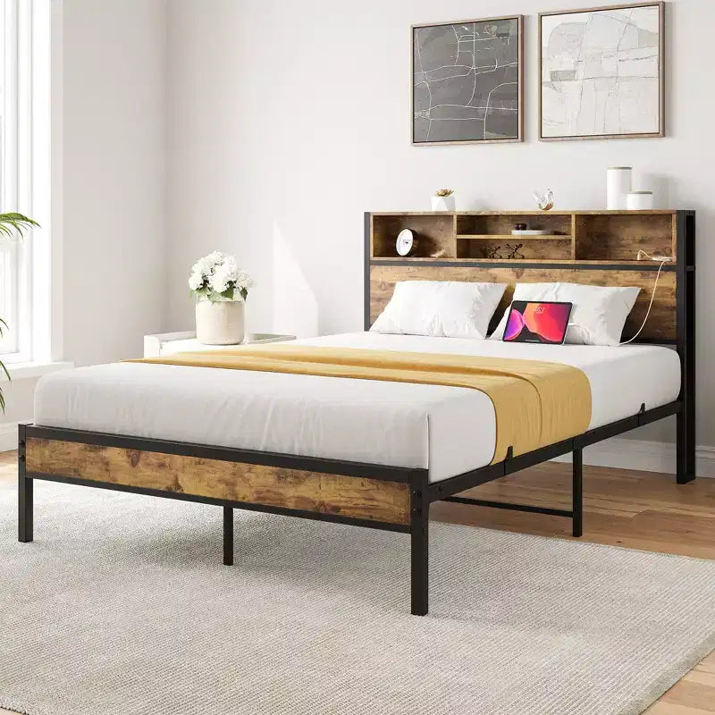 Bettgestell in voller Größe mit Stauraum-Kopfteil, Metall-Plattformbett mit Ladestation, Bücherregal-Stauraum, kein Boxspring erforderlich, einfache Montage