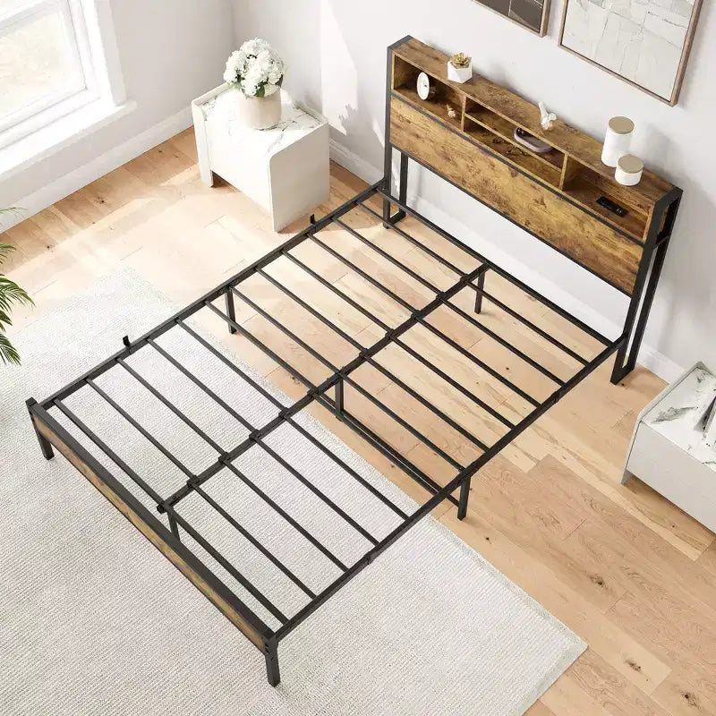 Bettgestell in voller Größe mit Stauraum-Kopfteil, Metall-Plattformbett mit Ladestation, Bücherregal-Stauraum, kein Boxspring erforderlich, einfache Montage