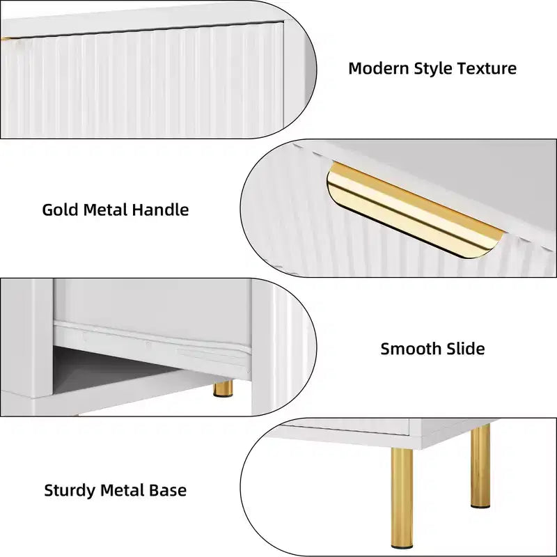 Witte ladekast met 5 laden voor slaapkamer, 48 cm hoog moderne commode, gouden metalen poten, gegroefde accenten, opbergorganizer voor thuis, hal, kantoor