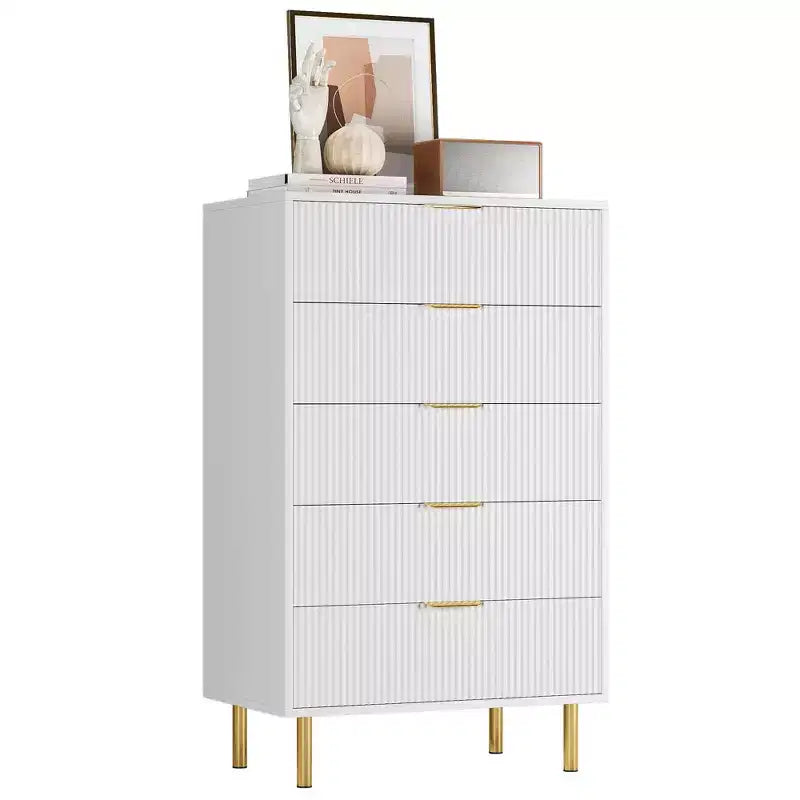 Witte ladekast met 5 laden voor slaapkamer, 48 cm hoog moderne commode, gouden metalen poten, gegroefde accenten, opbergorganizer voor thuis, hal, kantoor