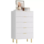 Witte ladekast met 5 laden voor slaapkamer, 48 cm hoog moderne commode, gouden metalen poten, gegroefde accenten, opbergorganizer voor thuis, hal, kantoor