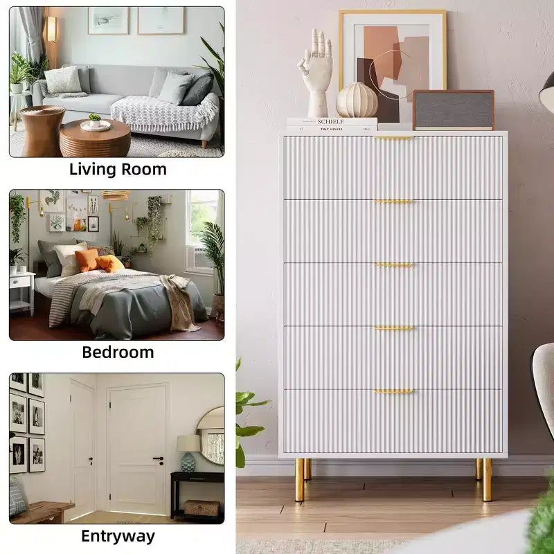 Witte ladekast met 5 laden voor slaapkamer, 48 cm hoog moderne commode, gouden metalen poten, gegroefde accenten, opbergorganizer voor thuis, hal, kantoor