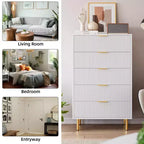 Witte ladekast met 5 laden voor slaapkamer, 48 cm hoog moderne commode, gouden metalen poten, gegroefde accenten, opbergorganizer voor thuis, hal, kantoor