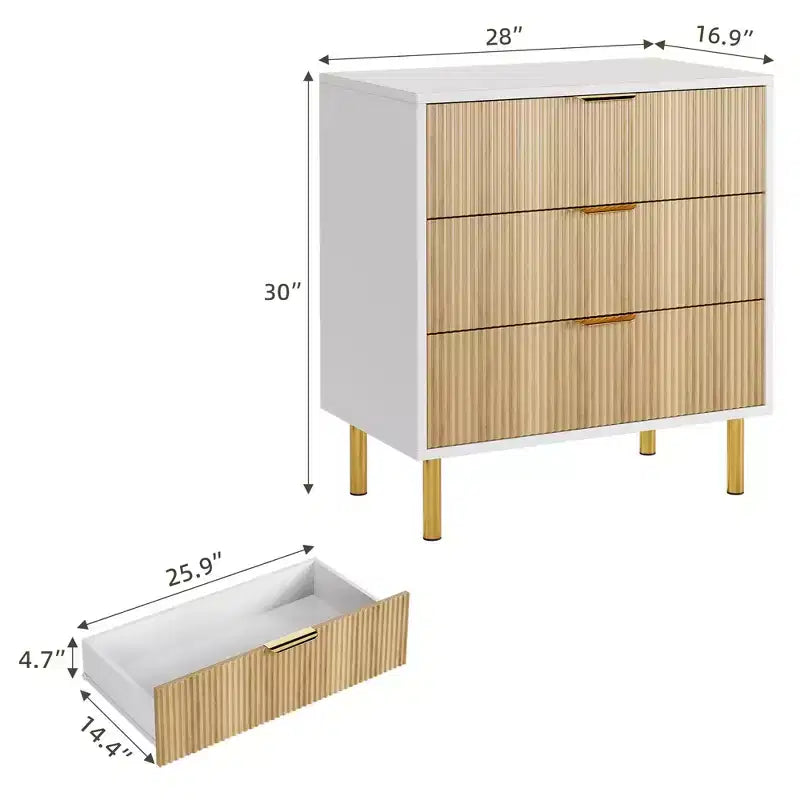 Witte ladekast met 5 laden voor slaapkamer, 48 cm hoog moderne commode, gouden metalen poten, gegroefde accenten, opbergorganizer voor thuis, hal, kantoor