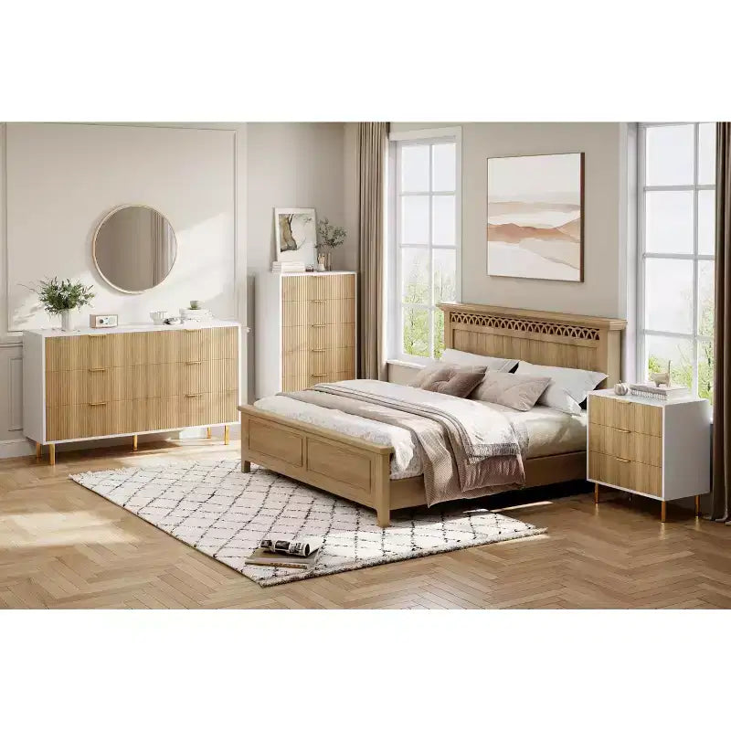 Witte ladekast met 5 laden voor slaapkamer, 48 cm hoog moderne commode, gouden metalen poten, gegroefde accenten, opbergorganizer voor thuis, hal, kantoor