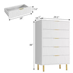 Witte ladekast met 5 laden voor slaapkamer, 48 cm hoog moderne commode, gouden metalen poten, gegroefde accenten, opbergorganizer voor thuis, hal, kantoor
