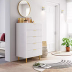 Witte ladekast met 5 laden voor slaapkamer, 48 cm hoog moderne commode, gouden metalen poten, gegroefde accenten, opbergorganizer voor thuis, hal, kantoor