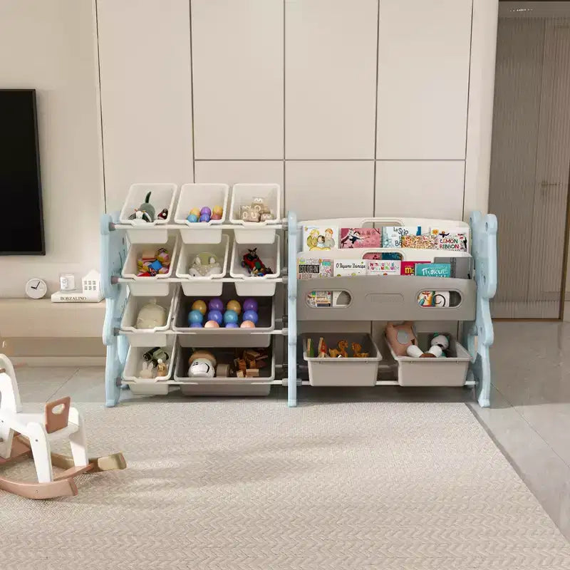 Kinder-Spielzeug-Aufbewahrungsorganisator, Spielzeugorganizer mit 2-stöckigem Bücherregal, Spielzeugaufbewahrung mit Regal und 12 Spielzeugkisten, Kinderbücherregal und Spielzeugaufbewahrung für Spielzimmer
