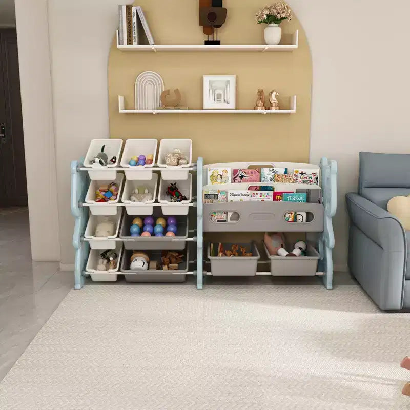 Kinder-Spielzeug-Aufbewahrungsorganisator, Spielzeugorganizer mit 2-stöckigem Bücherregal, Spielzeugaufbewahrung mit Regal und 12 Spielzeugkisten, Kinderbücherregal und Spielzeugaufbewahrung für Spielzimmer