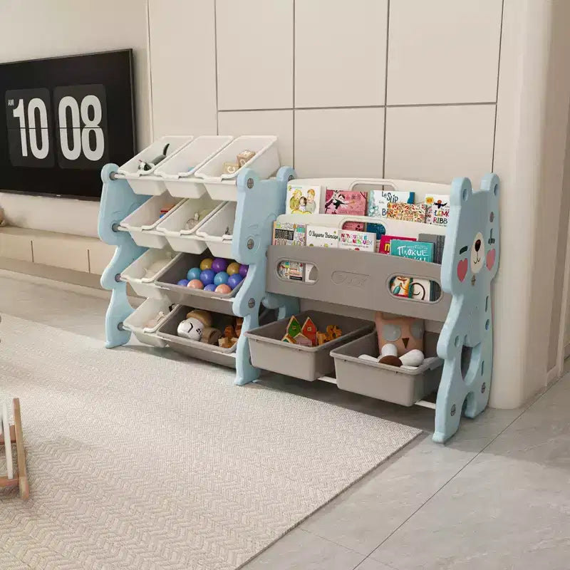 Speelgoedopbergorganizer voor kinderen, speelgoedorganizer met 2-laagse boekenplank, speelgoedopslag met plank en 12 speelgoedbakken, kinderboekenplank en speelgoedopslag voor speelkamer