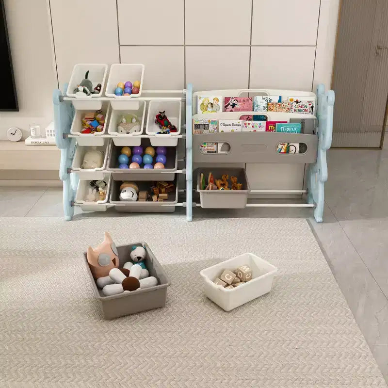Speelgoedopbergorganizer voor kinderen, speelgoedorganizer met 2-laagse boekenplank, speelgoedopslag met plank en 12 speelgoedbakken, kinderboekenplank en speelgoedopslag voor speelkamer