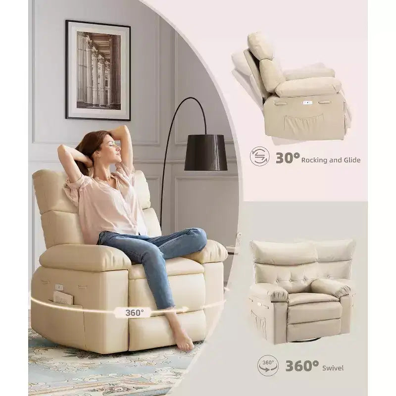 Lift-Sessel mit Wärme & Massage, 27 Zoll breiter Sitz, 360° Drehung, manueller Schaukelstuhl & Fernbedienung für Wohnzimmer, Senioren & Pflegeheim