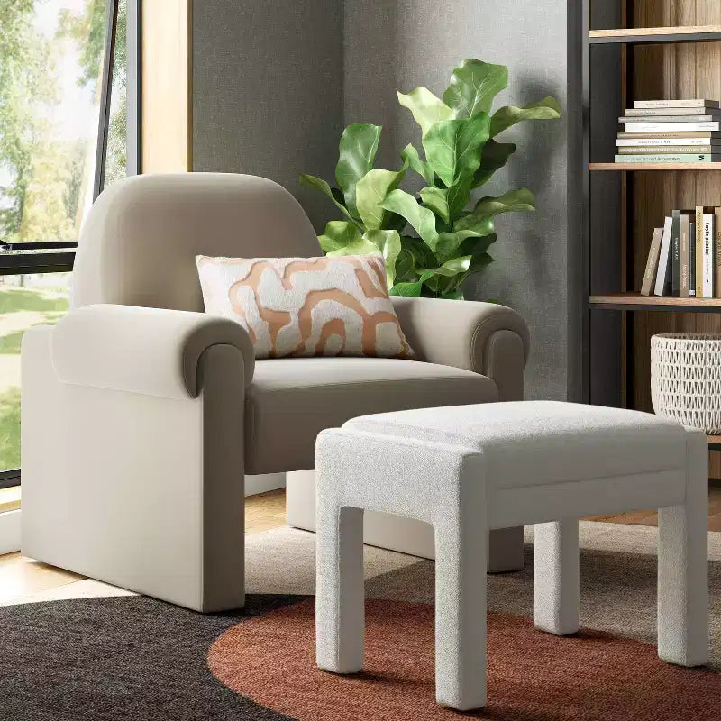 Fully Upholstered Ottoman Cream Boucle ™: Wooden Frame, Polyester, Spot Clean