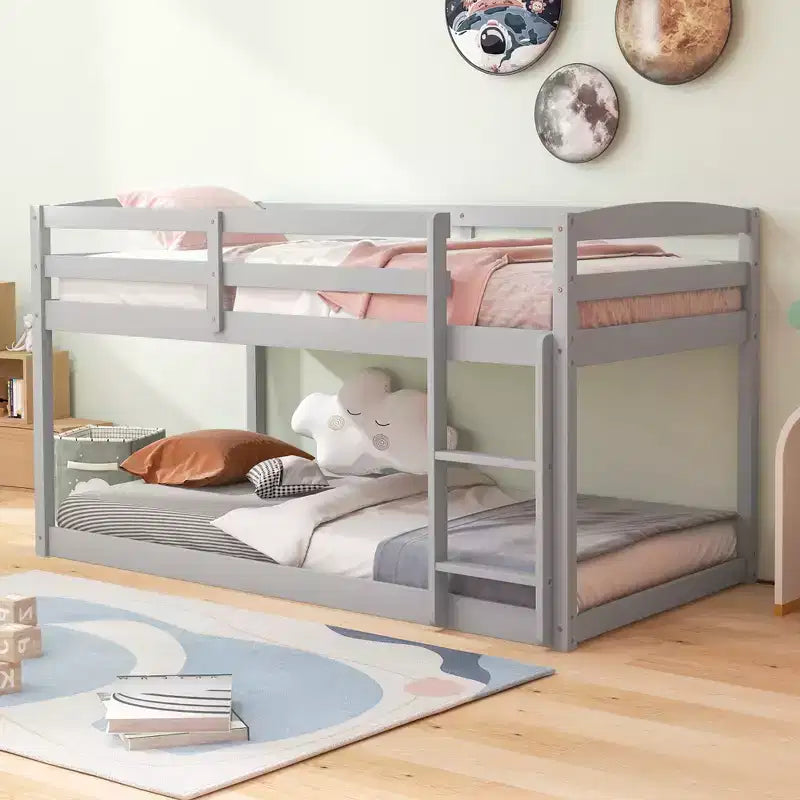 Tweepersoons stapelbed laag met veiligheidshekken geïntegreerde ladder kinderhouten grijs/wit/beige/roze