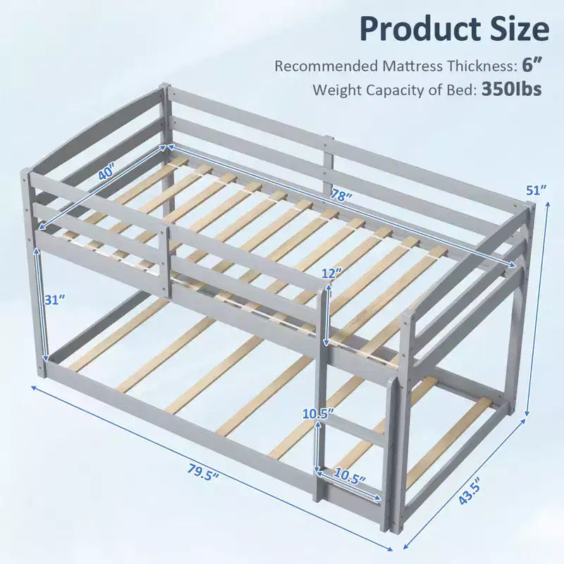 Tweepersoons stapelbed laag met veiligheidshekken geïntegreerde ladder kinderhouten grijs/wit/beige/roze