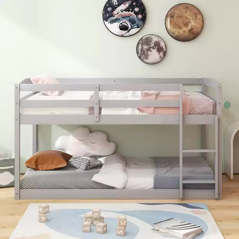 Tweepersoons stapelbed laag met veiligheidshekken geïntegreerde ladder kinderhouten grijs/wit/beige/roze