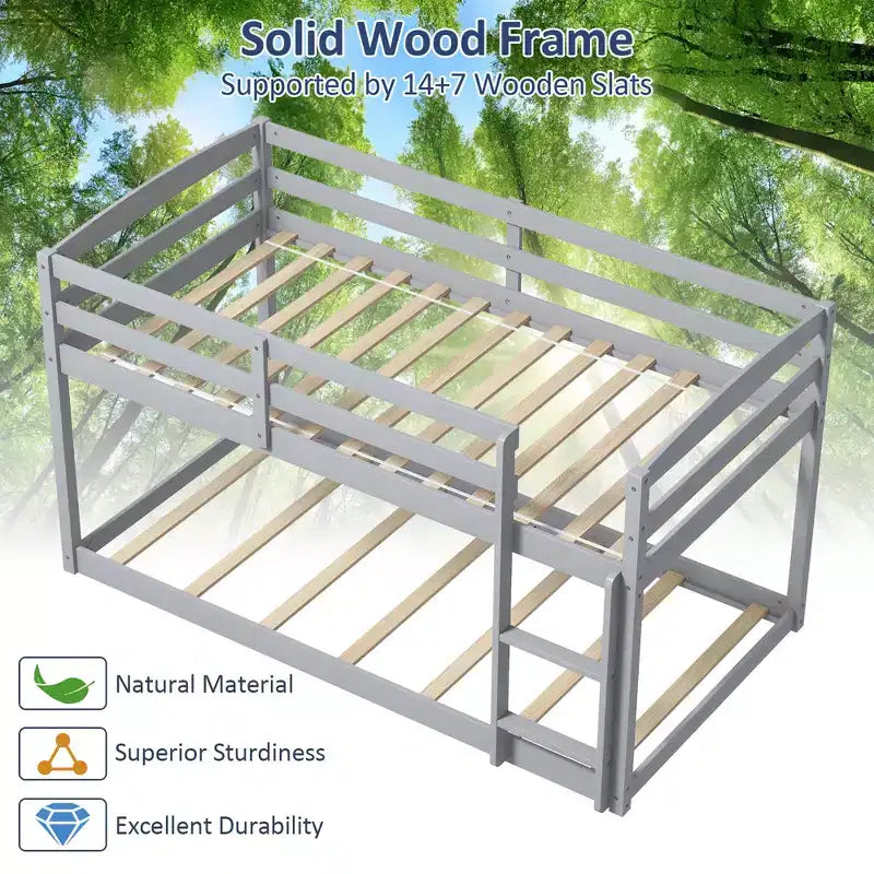 Tweepersoons stapelbed laag met veiligheidshekken geïntegreerde ladder kinderhouten grijs/wit/beige/roze