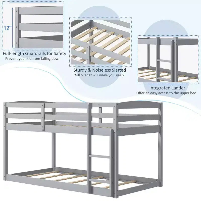 Tweepersoons stapelbed laag met veiligheidshekken geïntegreerde ladder kinderhouten grijs/wit/beige/roze