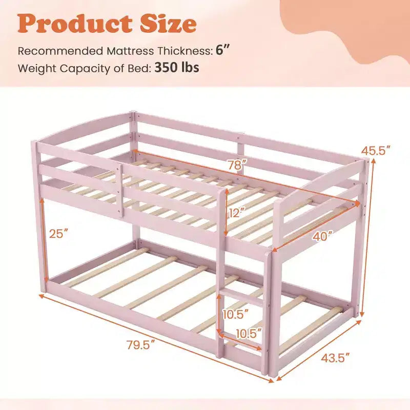 Tweepersoons stapelbed laag met veiligheidshekken geïntegreerde ladder kinderhouten grijs/wit/beige/roze