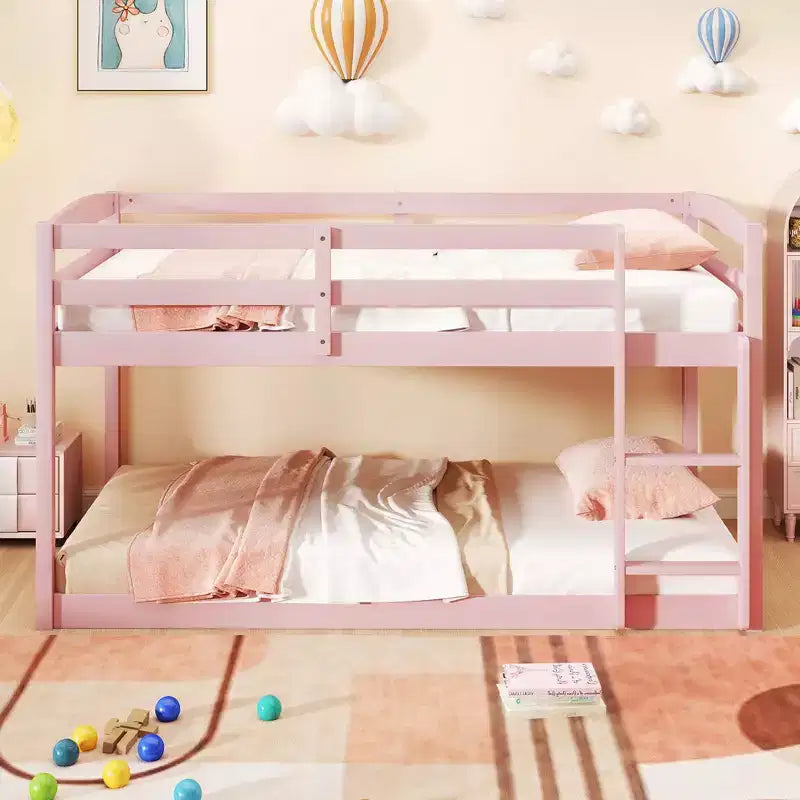 Tweepersoons stapelbed laag met veiligheidshekken geïntegreerde ladder kinderhouten grijs/wit/beige/roze