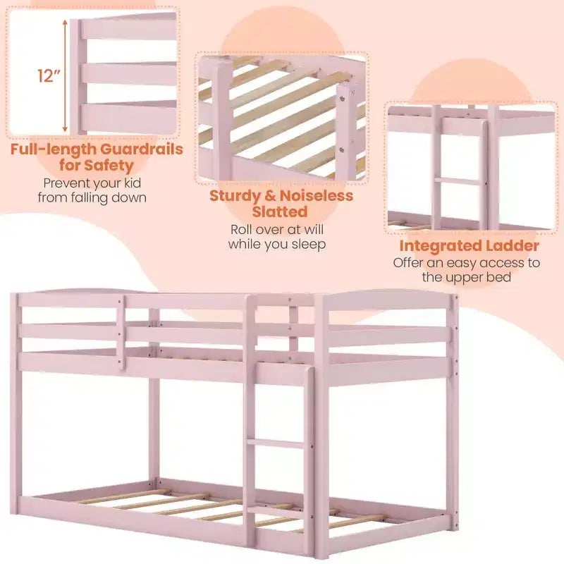 Tweepersoons stapelbed laag met veiligheidshekken geïntegreerde ladder kinderhouten grijs/wit/beige/roze
