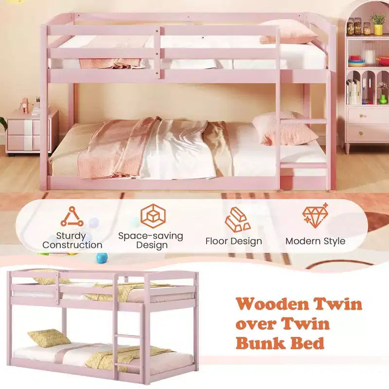 Tweepersoons stapelbed laag met veiligheidshekken geïntegreerde ladder kinderhouten grijs/wit/beige/roze