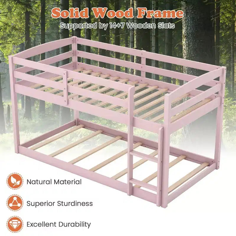 Tweepersoons stapelbed laag met veiligheidshekken geïntegreerde ladder kinderhouten grijs/wit/beige/roze