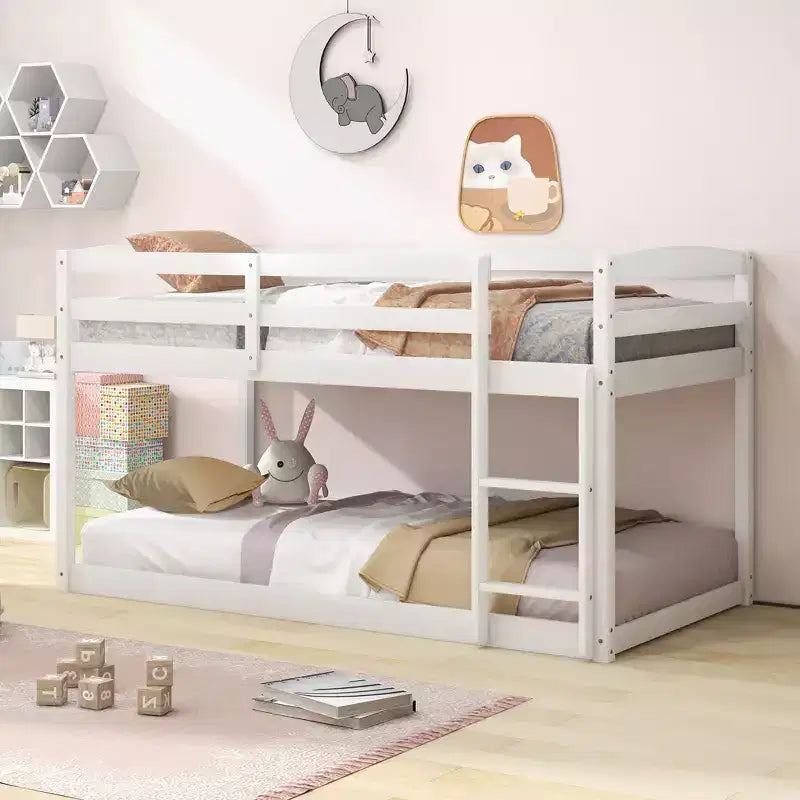 Tweepersoons stapelbed laag met veiligheidshekken geïntegreerde ladder kinderhouten grijs/wit/beige/roze