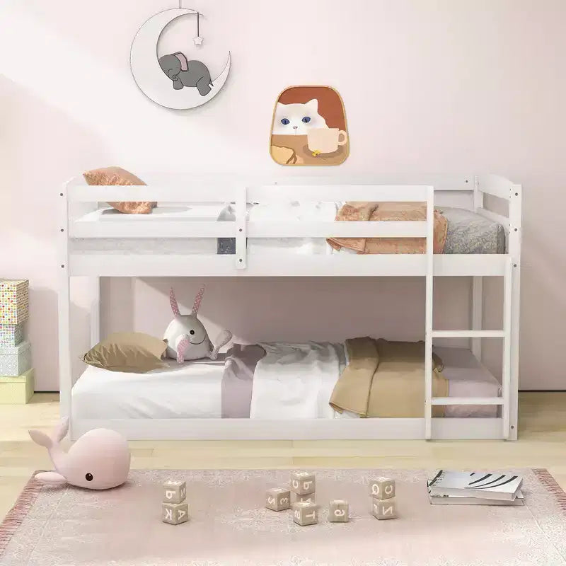 Tweepersoons stapelbed laag met veiligheidshekken geïntegreerde ladder kinderhouten grijs/wit/beige/roze