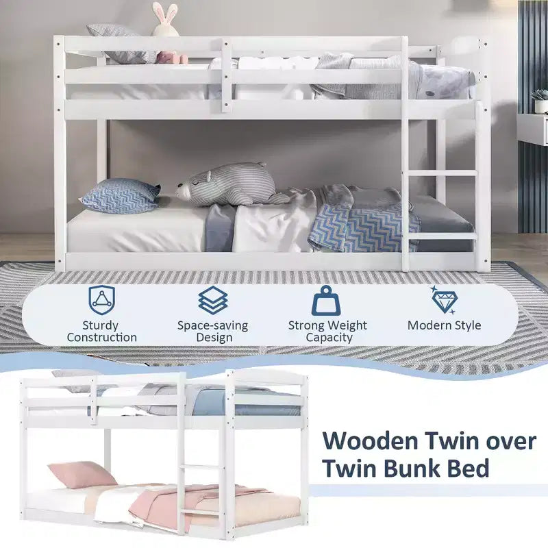 Tweepersoons stapelbed laag met veiligheidshekken geïntegreerde ladder kinderhouten grijs/wit/beige/roze