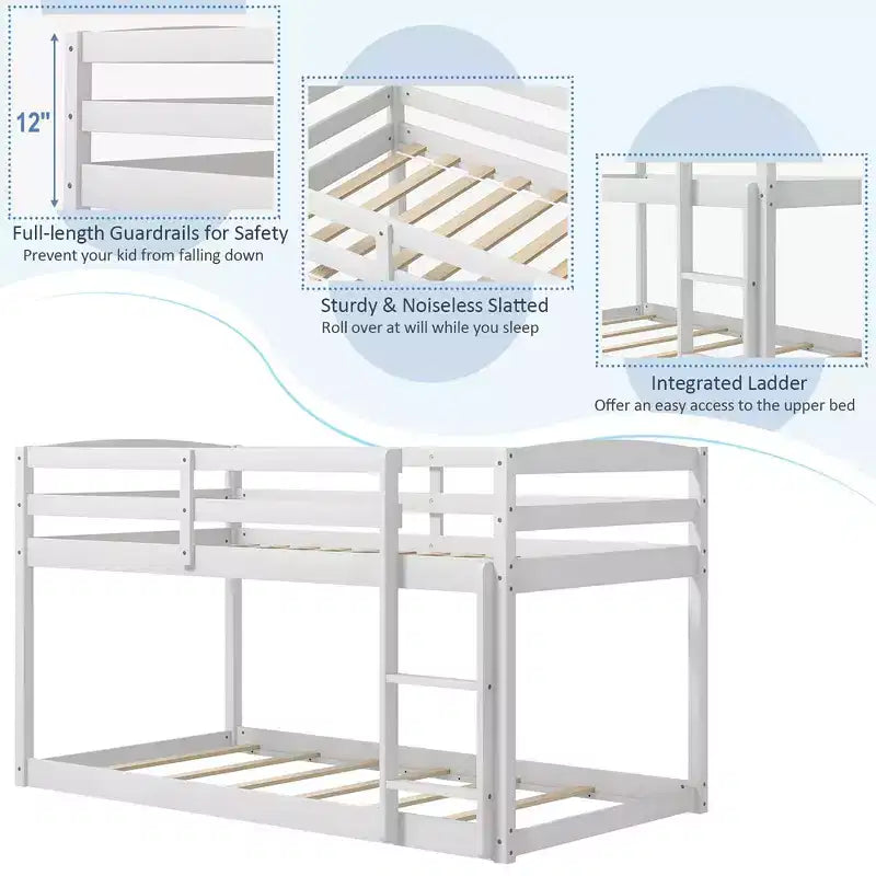 Tweepersoons stapelbed laag met veiligheidshekken geïntegreerde ladder kinderhouten grijs/wit/beige/roze