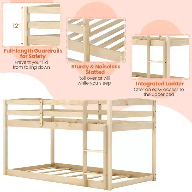 Tweepersoons stapelbed laag met veiligheidshekken geïntegreerde ladder kinderhouten grijs/wit/beige/roze