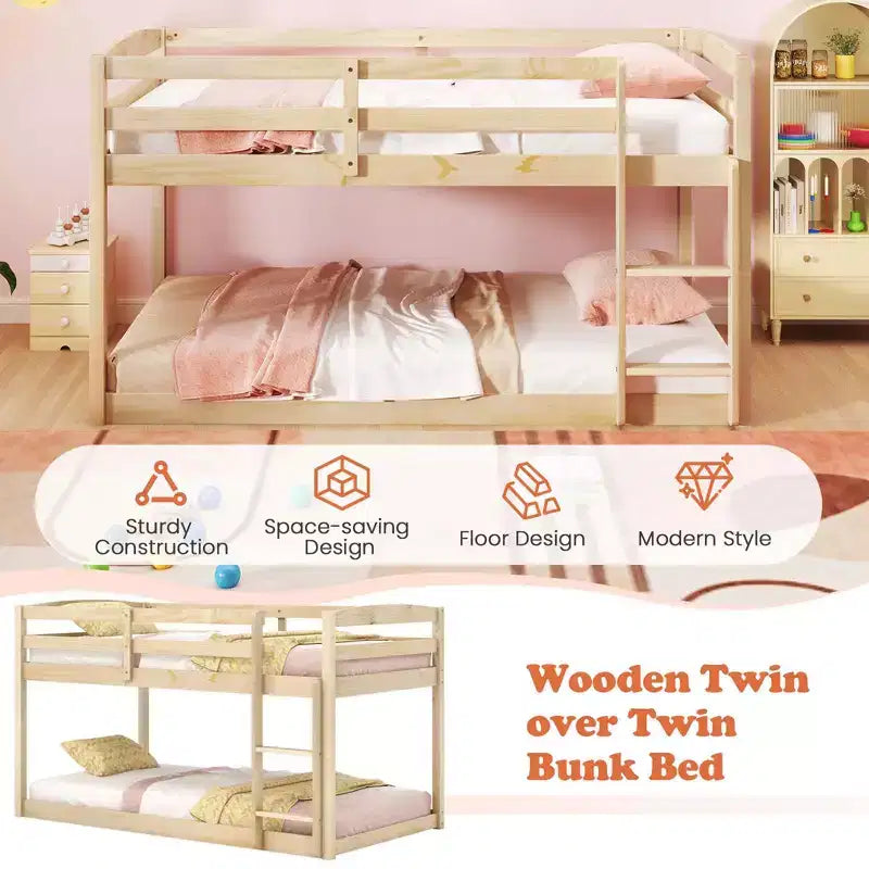 Tweepersoons stapelbed laag met veiligheidshekken geïntegreerde ladder kinderhouten grijs/wit/beige/roze